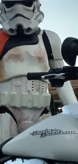 Stormtrooper with Harley Davidson motorcycle.