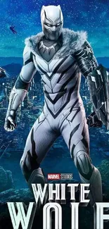 White Wolf superhero stands against a vibrant night cityscape.