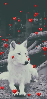 White wolf with red heart accents in a dark forest setting.