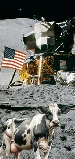 Humorous moon scene with cow and lunar module.