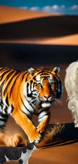 Tiger, dog, and cat running in a vibrant desert landscape.