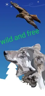 Wolf and bird in a blue sky mobile wallpaper.