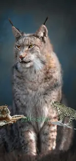 Majestic lynx with artistic wildlife elements on a dark background.