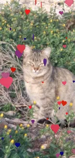 A wild cat sitting in a lush green field with yellow flowers.