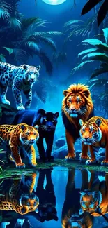 Wild cats under a moonlit sky in the jungle, reflecting in water.