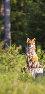 A fox sitting on a tree stump surrounded by a lush green forest.