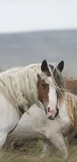 Wild horses roam freely in a grassy pasture, showcasing natural beauty and tranquility.