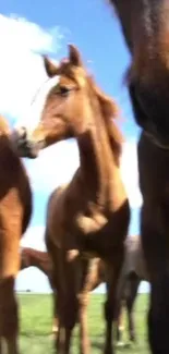 Wild horses grazing under blue sky in a serene, open green field.