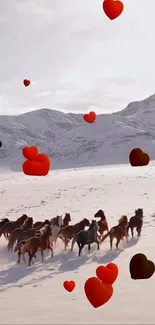 Wild horses run in snow with hearts floating.