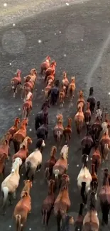 A herd of wild horses running freely on an open landscape.