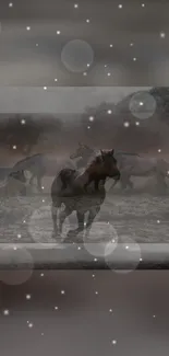 Wild horses gallop in a mystical starry landscape wallpaper.