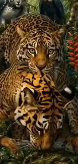 Leopard in a vibrant jungle setting with lush greenery.