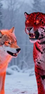 Wolf and jaguar in snowy forest with vibrant red tones.