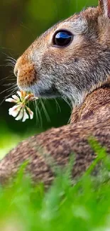 Wild rabbit with flower in lush green field.