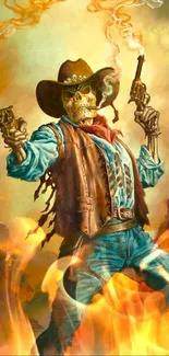 Skeleton cowboy with pistols in smoky, vibrant Western scene.