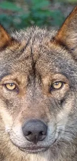 Close-up of a wild wolf in a lush green forest.