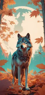 Wolf standing in autumn forest with teal sky and orange leaves.