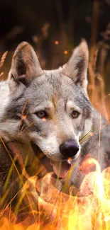 Wolf amidst fiery grass and flames, showcasing wild beauty.