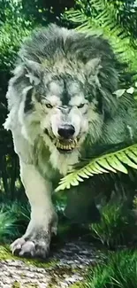 Majestic wolf prowling in a lush green forest wallpaper.