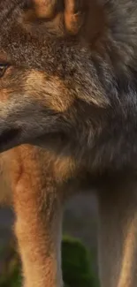 Majestic wolf standing in a forest setting.