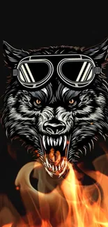 Fiery wolf with goggles on black background.