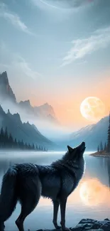 Wolf by mountain lake under moonlit sky with reflections on water.