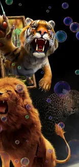 3D mobile wallpaper with tiger, lion, and leopard surrounded by colorful bubbles.