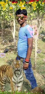 Man standing in nature with tiger in forest.