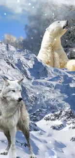 Winter wildlife with wolf and polar bear on snowy mountains.