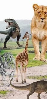 Collage of wildlife and dinosaur in natural landscape.