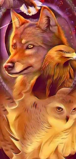 Artistic wallpaper featuring wolf, eagle, and owl in vivid colors.