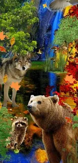 Wildlife in autumn forest with bear and wolf near waterfall.