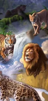 Wallpaper of lion, tiger, cougar, and snow leopard in nature scene.