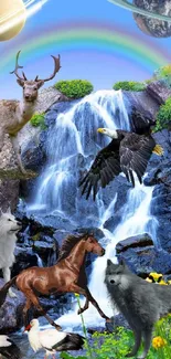 Fantasy wildlife wallpaper with animals, waterfall, and planets.