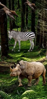 Wallpaper of wildlife in a lush forest with various animals.