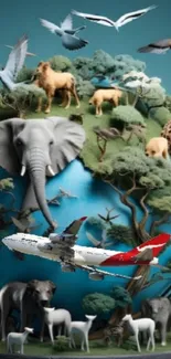 Animals and airplane encircle a globe in artistic scene.