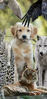 A wildlife collage with a dog, leopard, tiger, wolf, eagle, and bird in a forest setting.