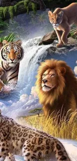 Majestic wildlife wallpaper with lion, tiger, and leopard.