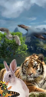 A wildlife scene with a tiger, rabbit, and birds under a blue sky and mountains.