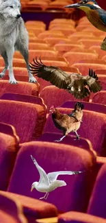 Animals sitting among theater seats in a whimsical scene.