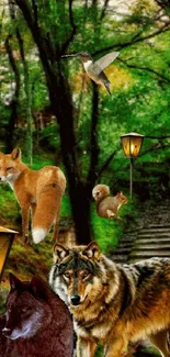 Wildlife and lanterns in a vibrant forest.