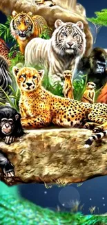 Vibrant wallpaper of jungle animals including cheetahs and tigers on a blue background.