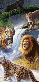 Majestic wildlife wallpaper with lions, tigers, and leopards in lush jungle scenery.