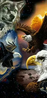 Majestic wildlife wallpaper with eagles and a wolf against a cosmic background.