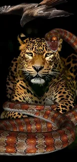 Leopard and snake wildlife wallpaper with black background.