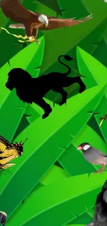 Silhouette of animals on a green leafy background, featuring a lion and birds.