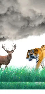 Tiger and deer in a lush green meadow under stormy clouds.