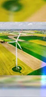 Aerial view of wind turbine in colorful fields