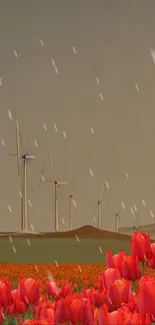 Wind turbines in a field of red tulips under a brown sky.