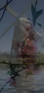 Vintage windmill with floral reflections on calm water under a clear sky.